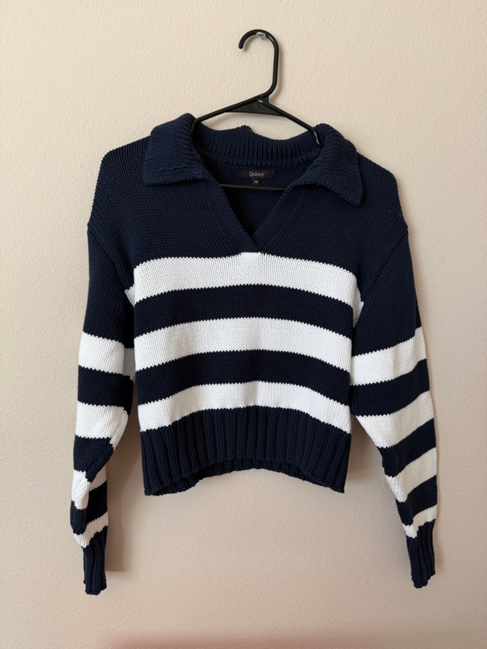 Quince Navy and White Cotton Striped V‑Neck Collared Sweater